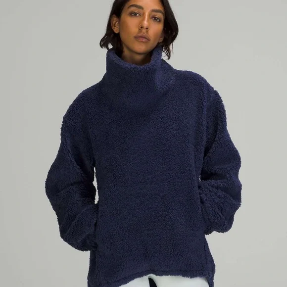 Lululemon Warmth Restore Long Pullover Fleece Sherpa Navy Pockets Mock - Picture 2 of 10